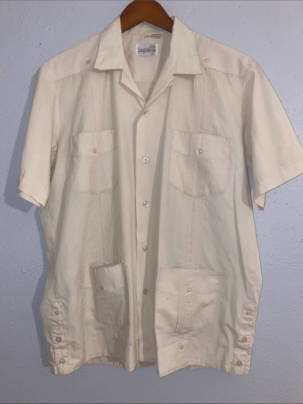 Vintage  Cream Short Sleeve Guayabera Style Button-Up Shirt